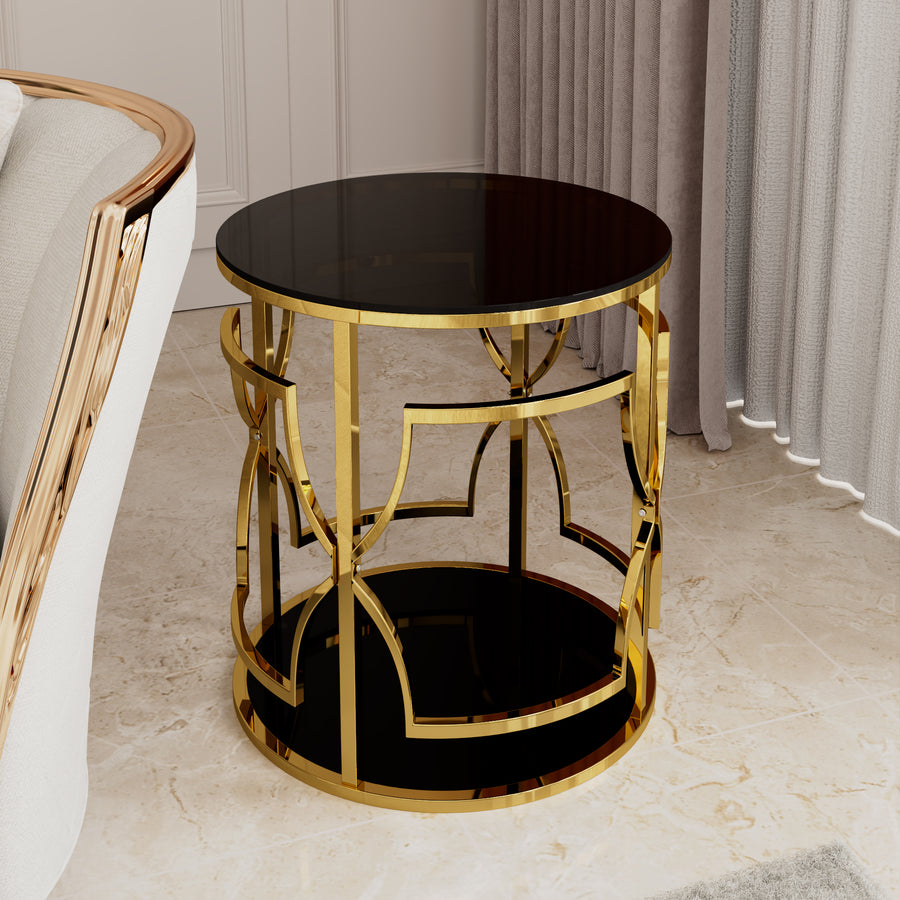 Black tampered glass golden metal leg round side table