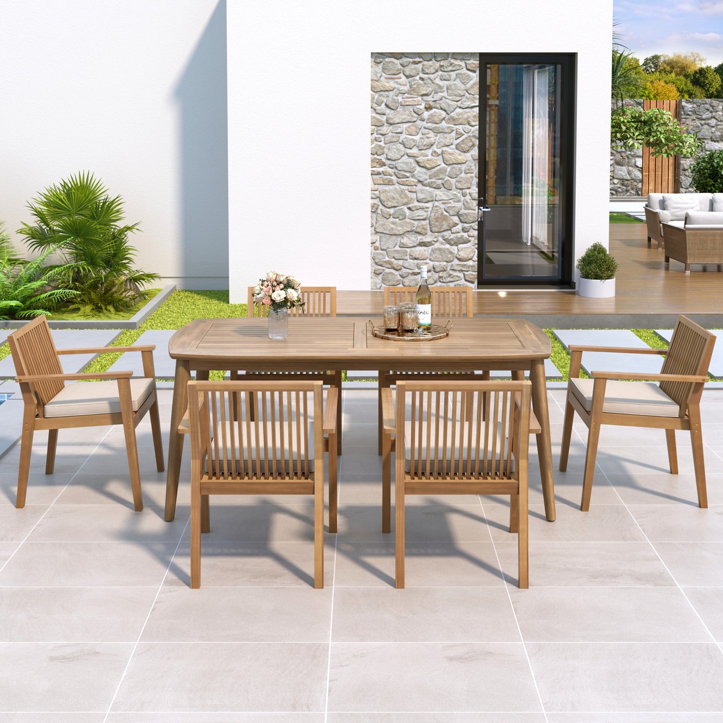 7-Piece Acacia Wood Outdoor Dining Set - 70.75' Table & 6 Chairs with Removable Cushions for Patio Garden