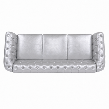 Silver PU Leather 3 Seater round arm sofa