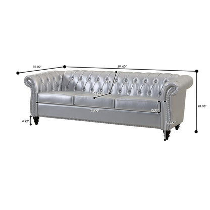 Silver PU Leather 3 Seater round arm sofa