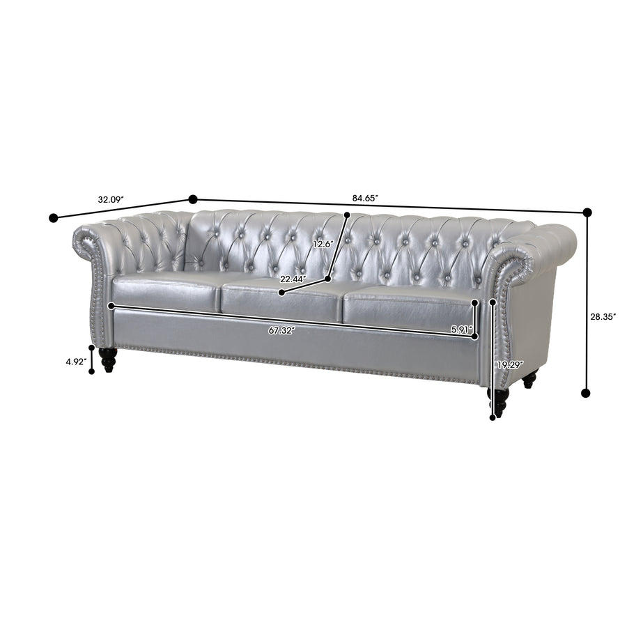 Silver PU Leather 3 Seater round arm sofa