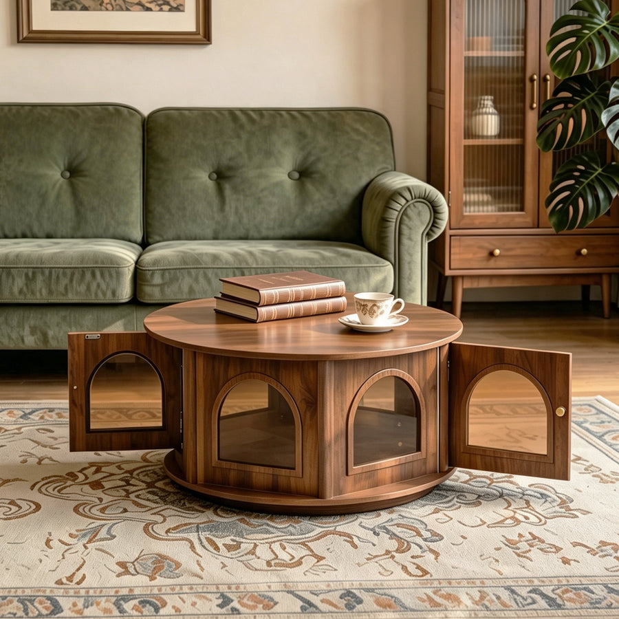 31.5' Round Coffee Table  with Storage, Arched Glass Door Pet House Table in Walnut Wood Grain, Mid-Century Modern Furniture for Living Room