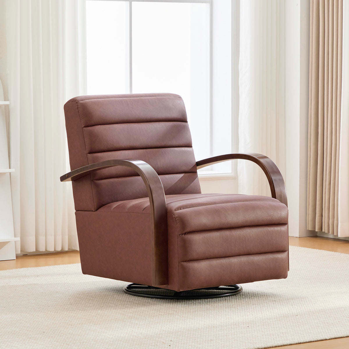 30.3'W Modern Upholstered 360° Swivel Accent Chair with Solid Wood Armrests and Comfy Channel Tufted Lounge Reading Chair, Single Sofa Armchair for Hotel Bedroom Living Room Office and Bedroom
