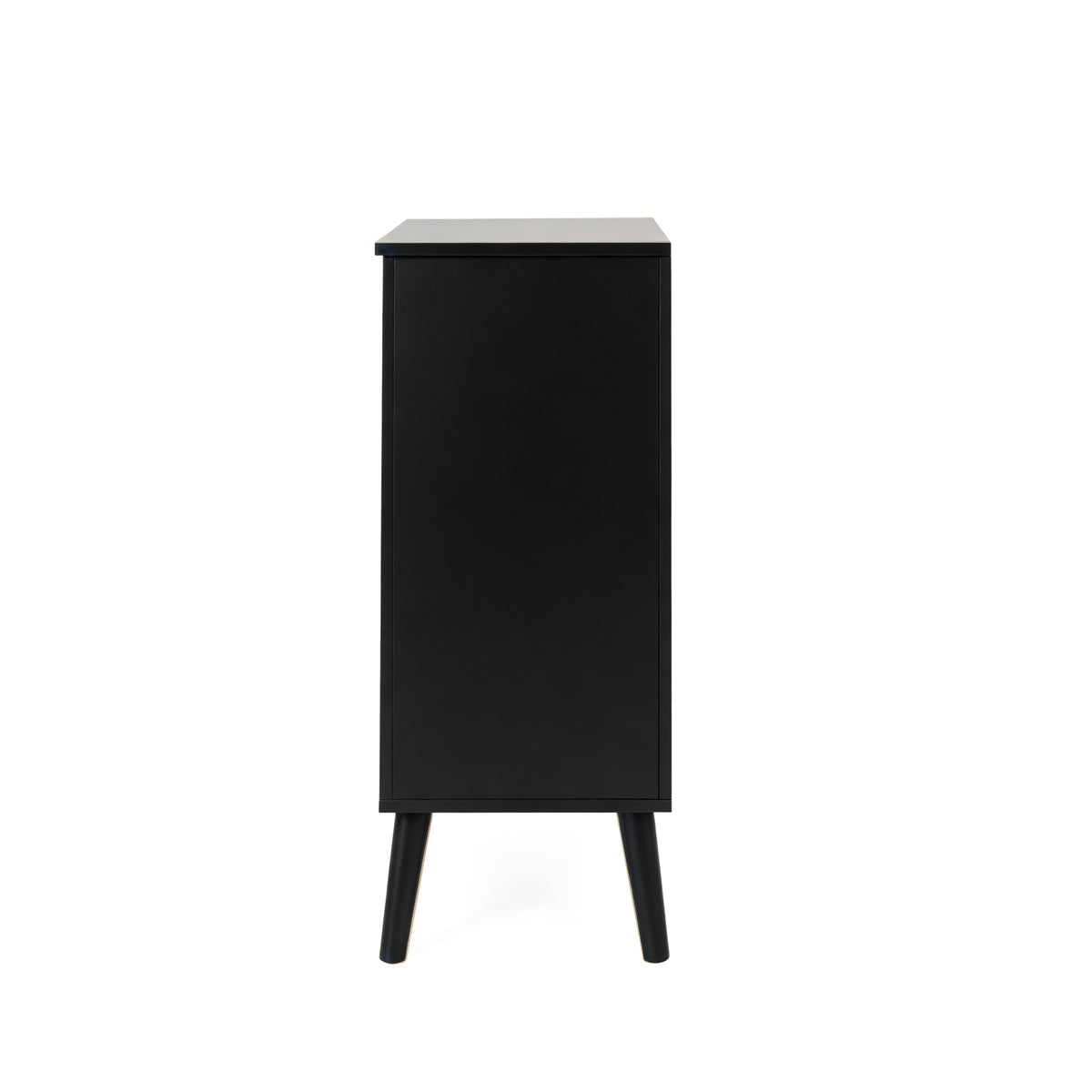 A tall, minimalist black cabinet with tapered legs, shown from the front against a plain background.