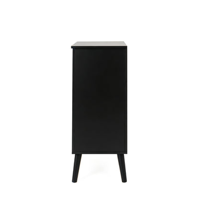 A tall, minimalist black cabinet with tapered legs, shown from the front against a plain background.