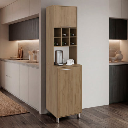 Tall wooden kitchen cabinet with shelves and a coffee maker in a modern kitchen. Natural