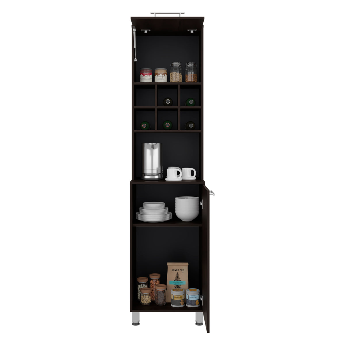 A tall, narrow dark brown storage cabinet with an open door and multiple shelves, shown against a plain white background. The cabinet is styled with various kitchen items, including mugs, plates, jars, and a coffee maker. Walnut