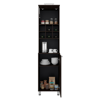 A tall, narrow dark brown storage cabinet with an open door and multiple shelves, shown against a plain white background. The cabinet is styled with various kitchen items, including mugs, plates, jars, and a coffee maker. Walnut