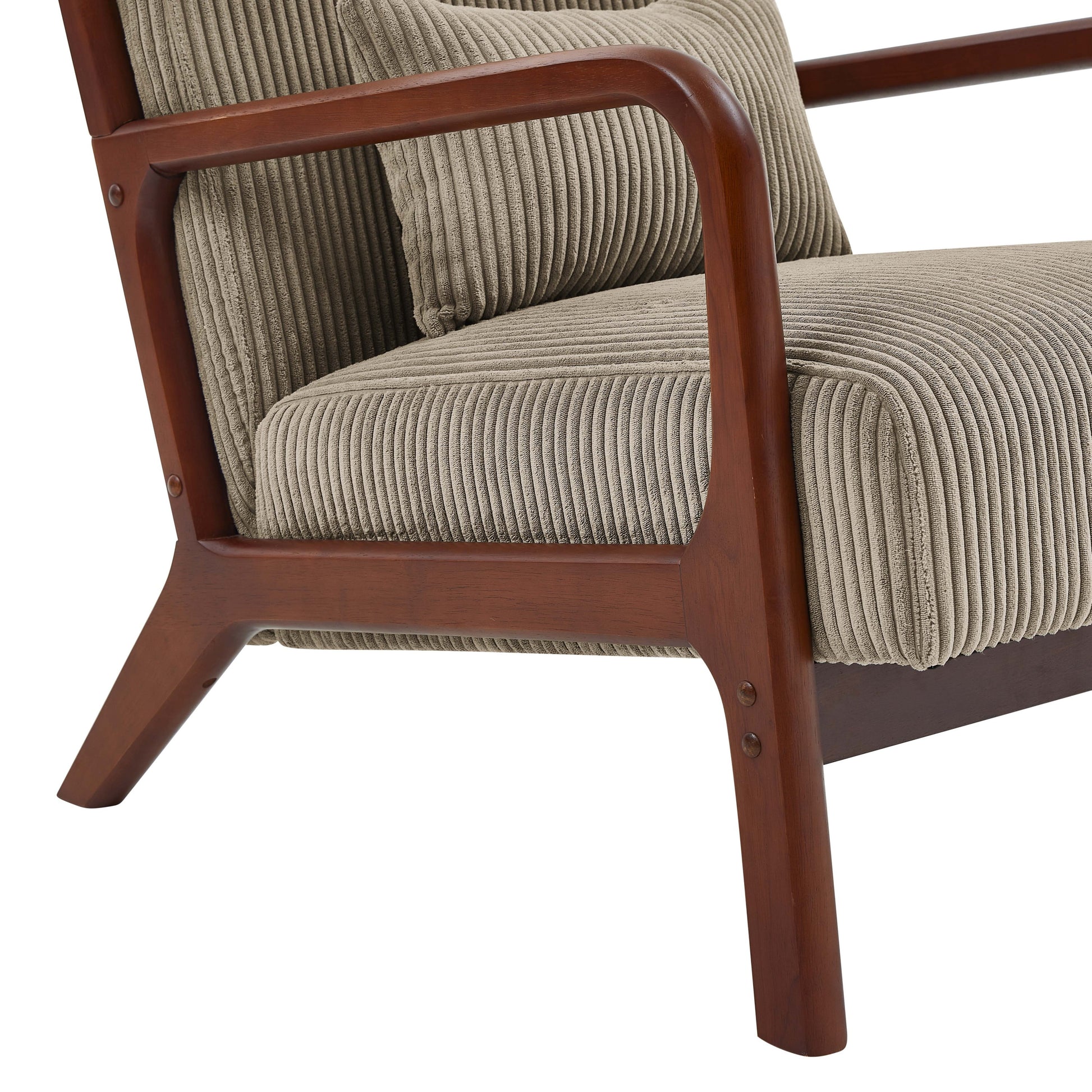 Camel Corduroy Upholstered Wooden Armchair with Back Support Pillow