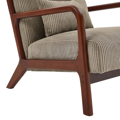 Camel Corduroy Upholstered Wooden Armchair with Back Support Pillow