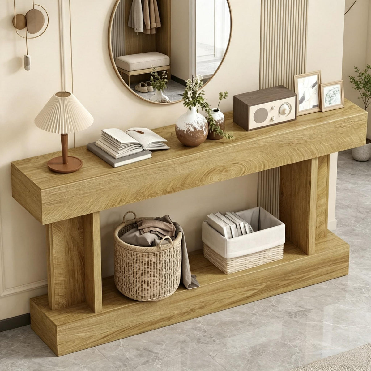 A light oak wood console table with a lower shelf, styled in a warm, modern interior. The table is decorated with a pleated table lamp, an open book, small vases with greenery, a vintage-style radio, and framed pictures.