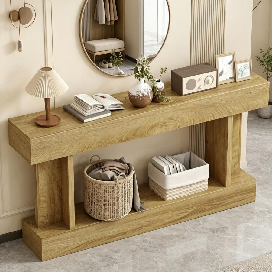 A light oak wood console table with a lower shelf, styled in a warm, modern interior. The table is decorated with a pleated table lamp, an open book, small vases with greenery, a vintage-style radio, and framed pictures.