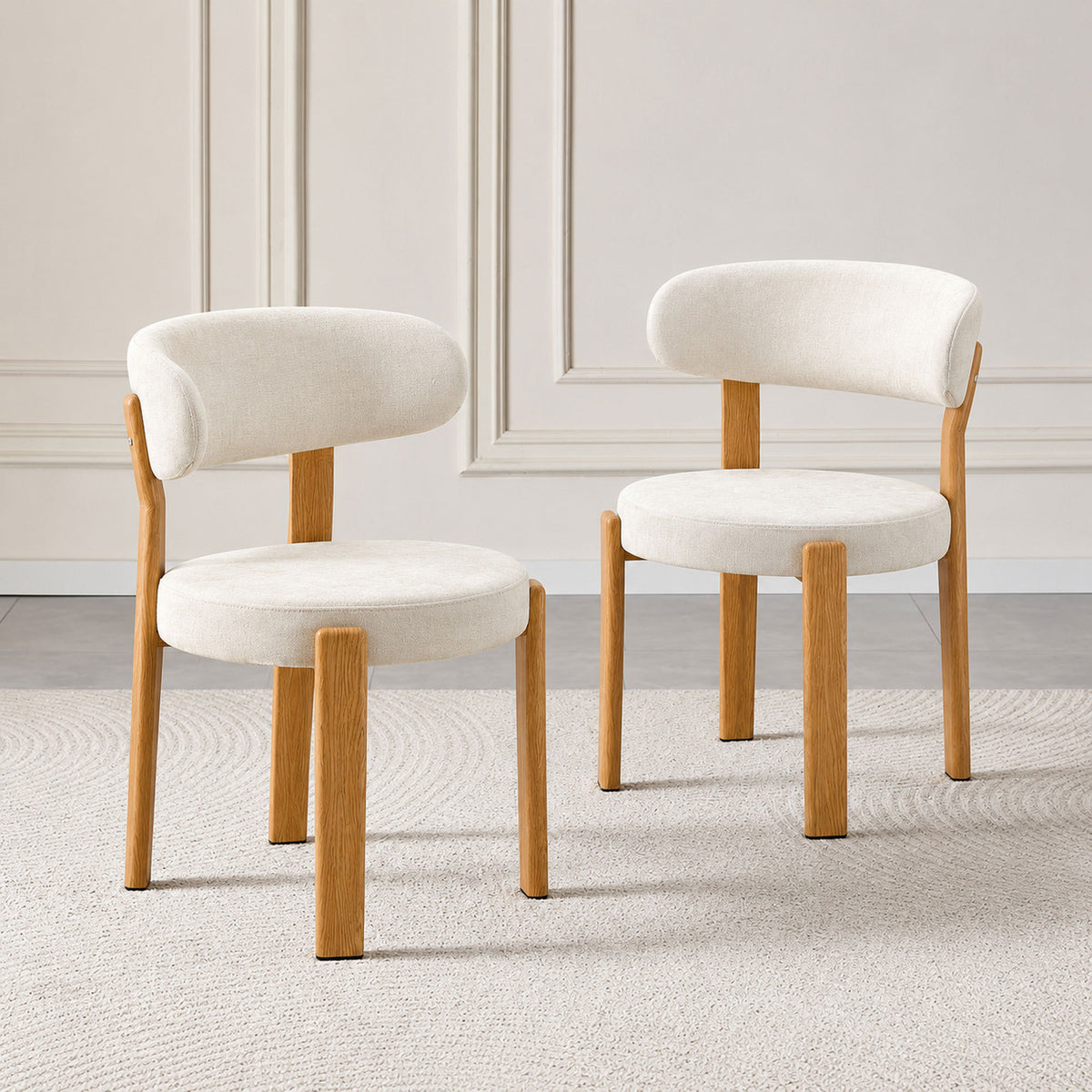 White set of 2 piece dining chair with curved back and wooden legs