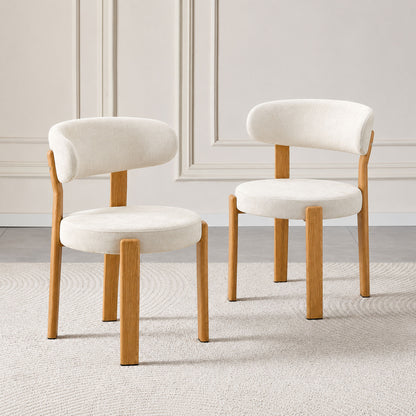 White set of 2 piece dining chair with curved back and wooden legs