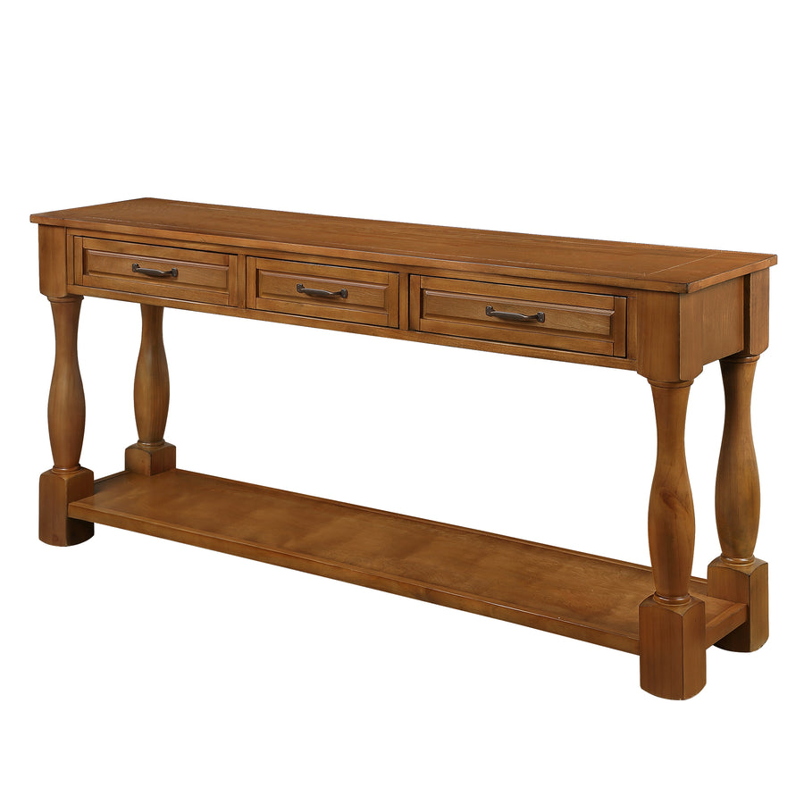 Wooden console table with three drawers and an open shelf on a white background