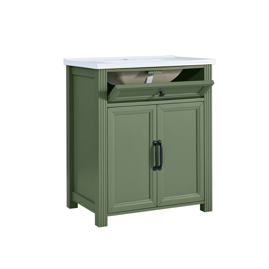 An olive green bathroom vanity cabinet with a countertop and sink, featuring a hinged open-front lower cabinet and black handles, shown on a plain background.