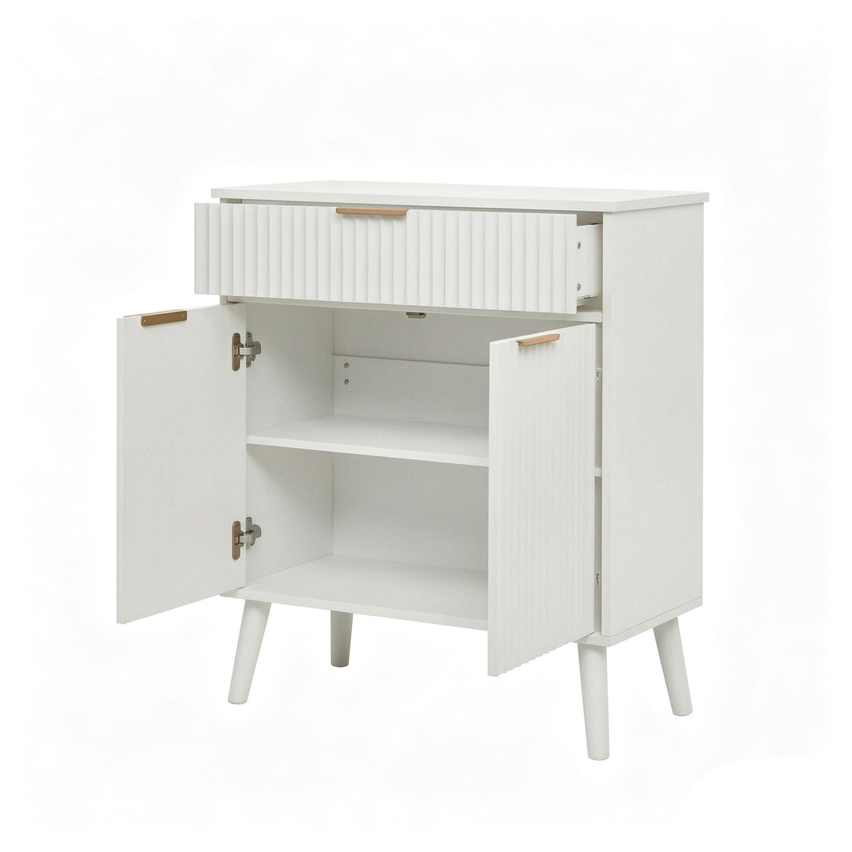 A white mid-century modern side cabinet with a ribbed front, two doors shown open to reveal an interior shelf, and tapered legs. It features light wood handles on a clean white background.