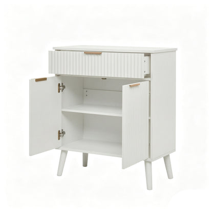 A white mid-century modern side cabinet with a ribbed front, two doors shown open to reveal an interior shelf, and tapered legs. It features light wood handles on a clean white background.