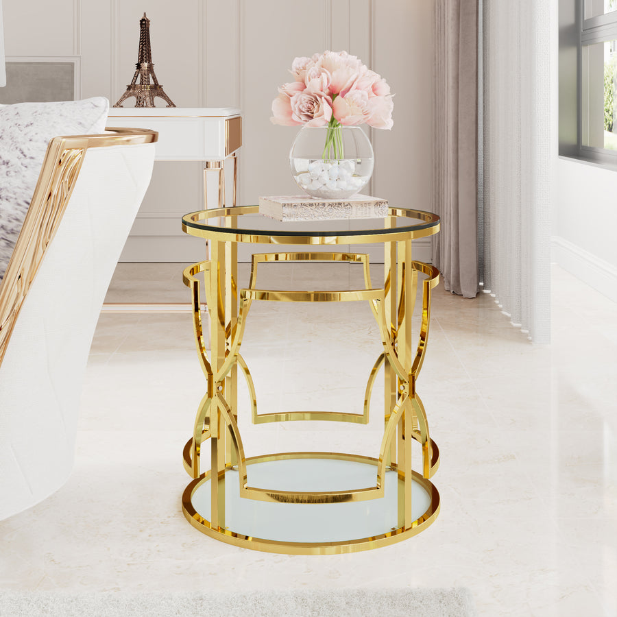 Transparent tempered glass golden metal leg round side table