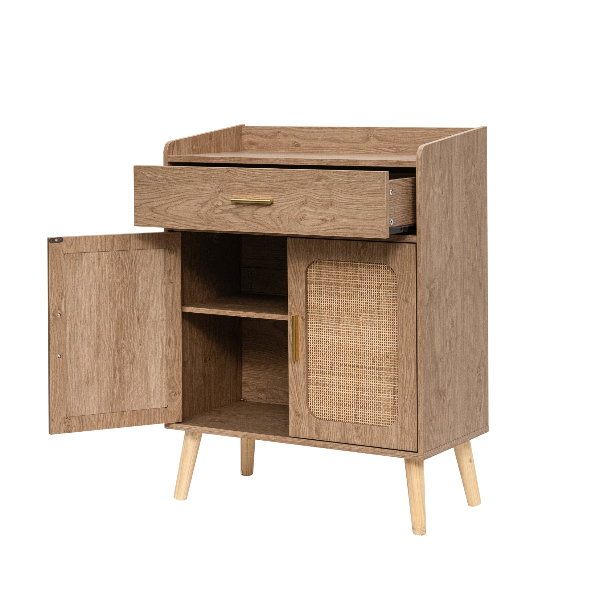 A mid-century natural modern wooden changing table cabinet with a light oak finish, featuring a hinged door on the left, a drawer with a brass pull on top, an open shelf, a woven cane panel on the right door, and tapered wooden legs. The left door is shown open, revealing the interior storage space.