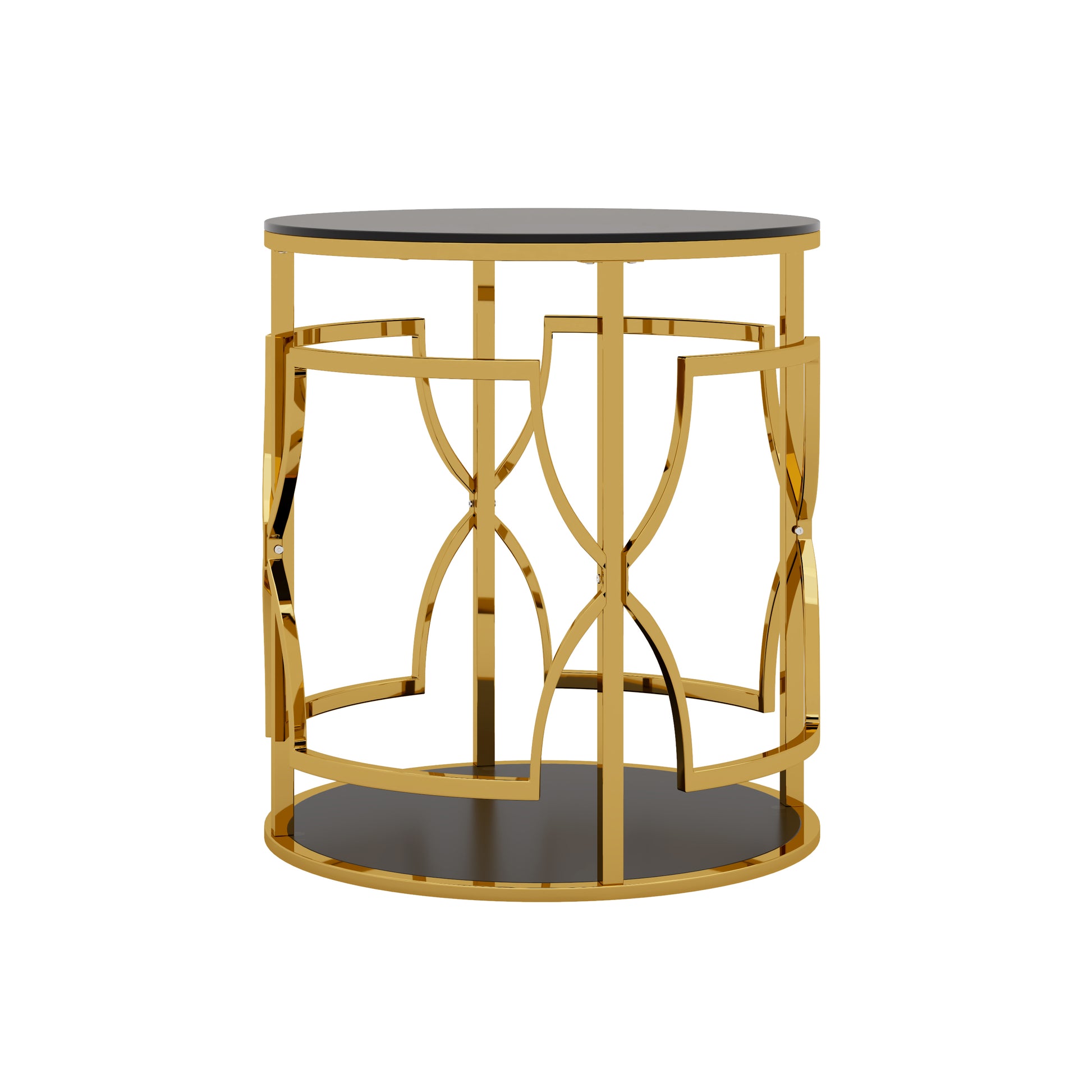 Black tampered glass golden metal leg round side table