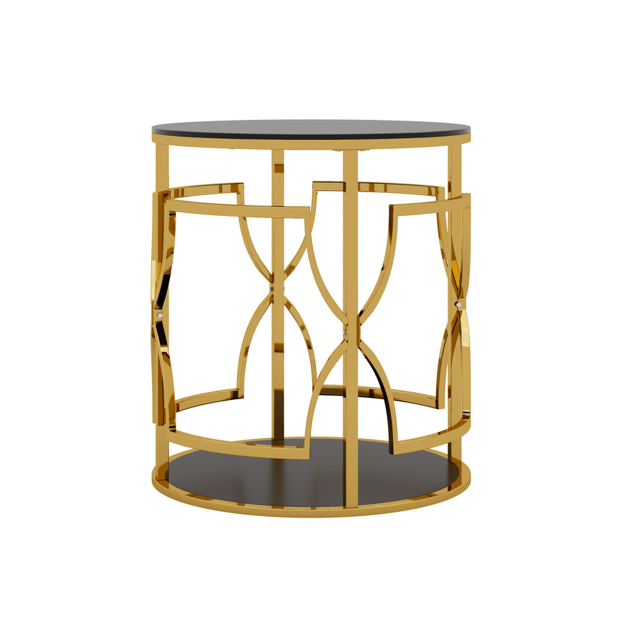 Black tampered glass golden metal leg round side table