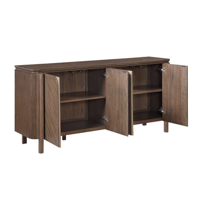 A modern wooden sideboard cabinet with a dark walnut finish, featuring curved front doors that are open to show the interior shelves, set against a plain white background.
