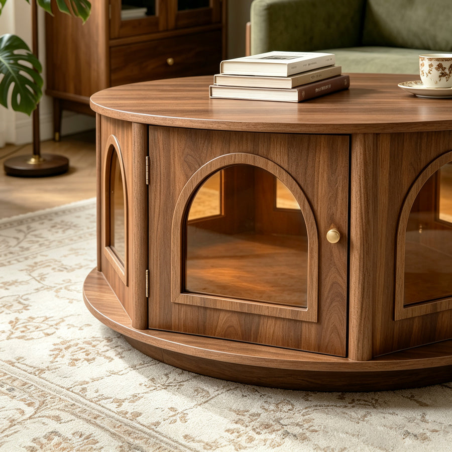 31.5' Round Coffee Table  with Storage, Arched Glass Door Pet House Table in Walnut Wood Grain, Mid-Century Modern Furniture for Living Room
