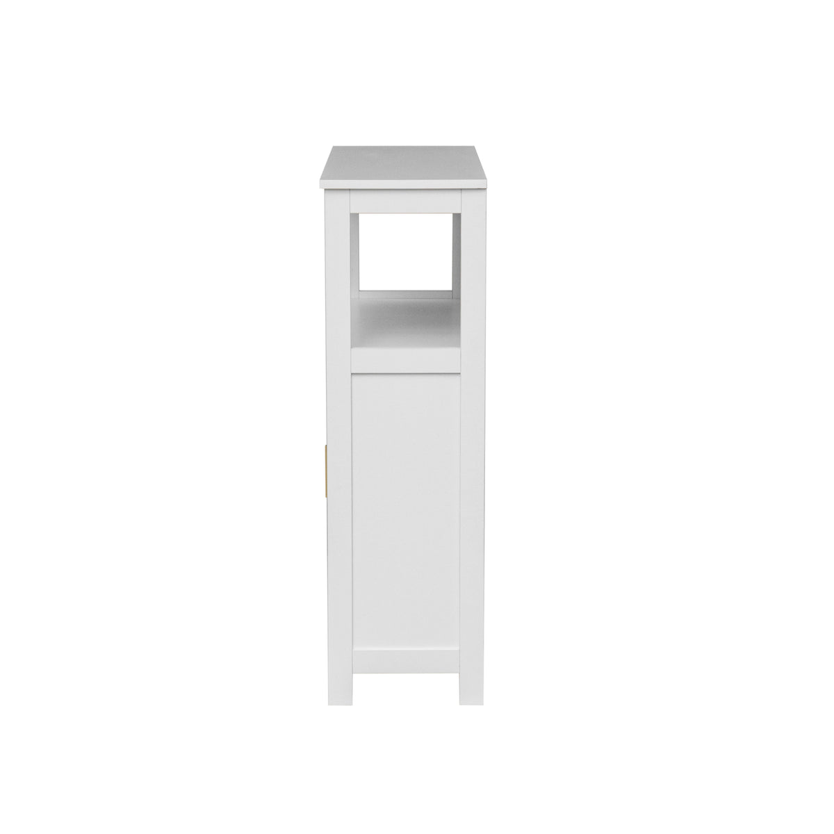A tall, narrow white storage cabinet with a single door and an open shelf above it, shown against a plain white background.