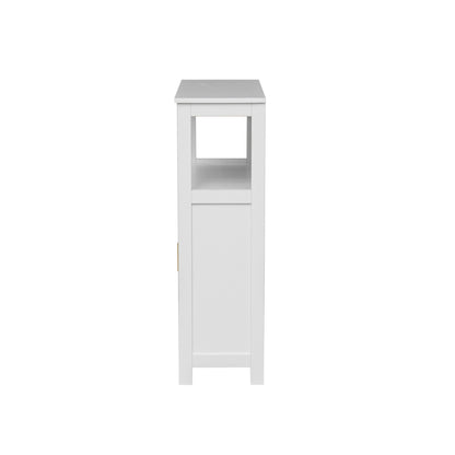 A tall, narrow white storage cabinet with a single door and an open shelf above it, shown against a plain white background.
