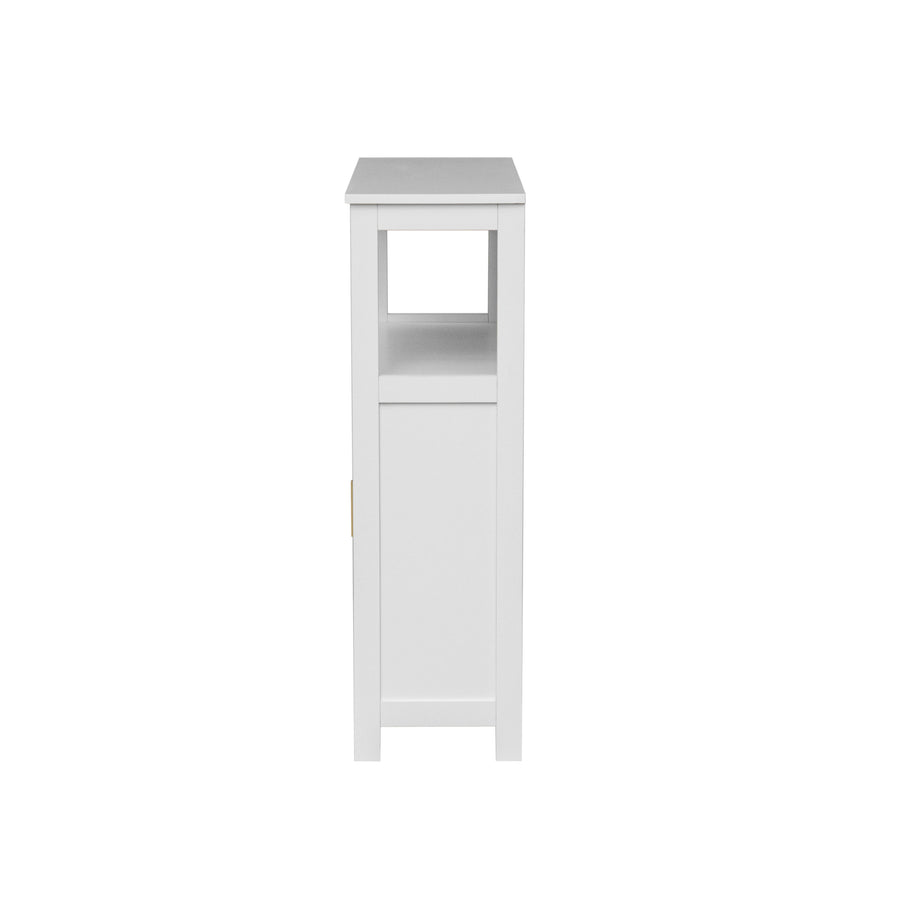 A tall, narrow white storage cabinet with a single door and an open shelf above it, shown against a plain white background.