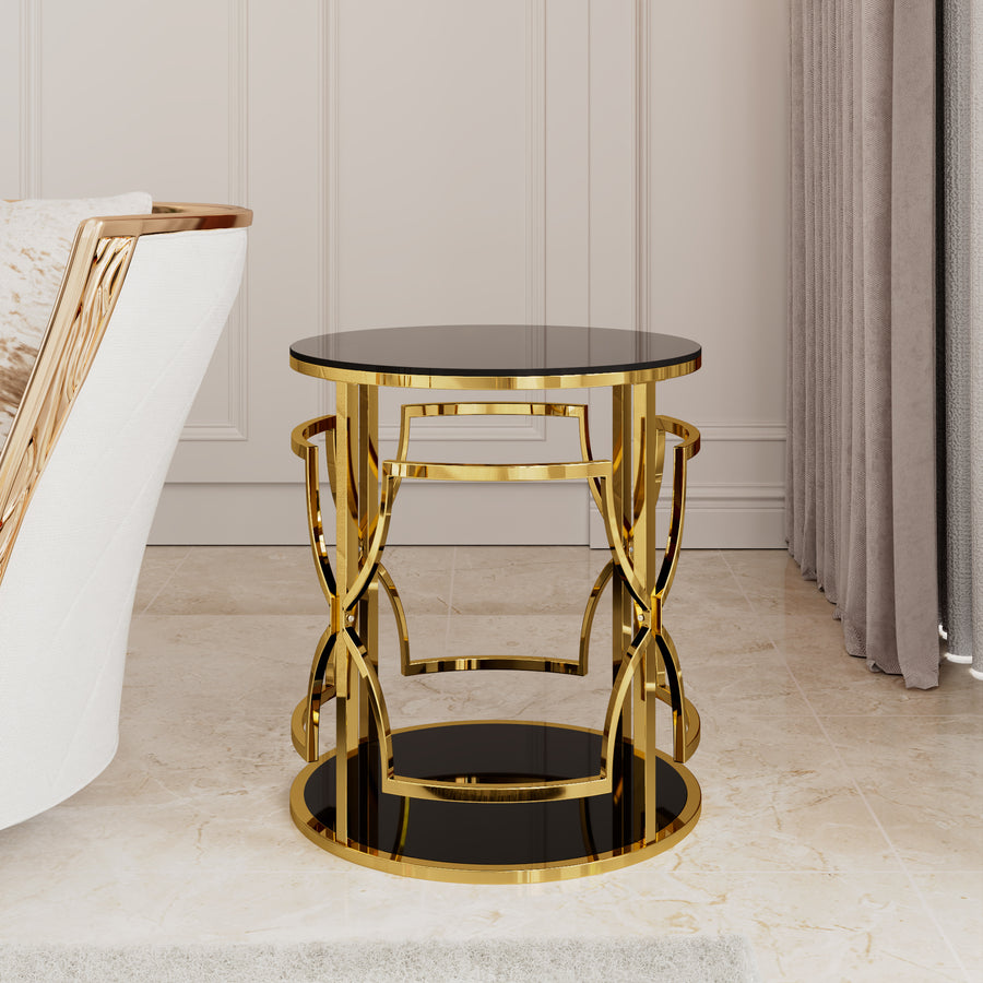 Black tampered glass golden metal leg round side table