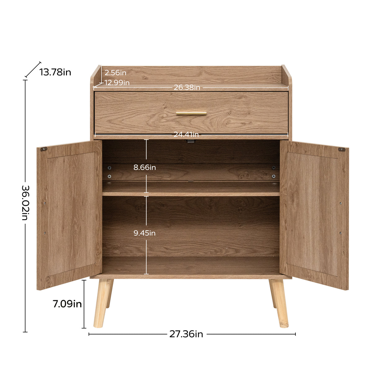 natural  Wooden cabinet with a single drawer on top of two doors, shown open with dimension labels for height, width, and shelf spacing on a background.