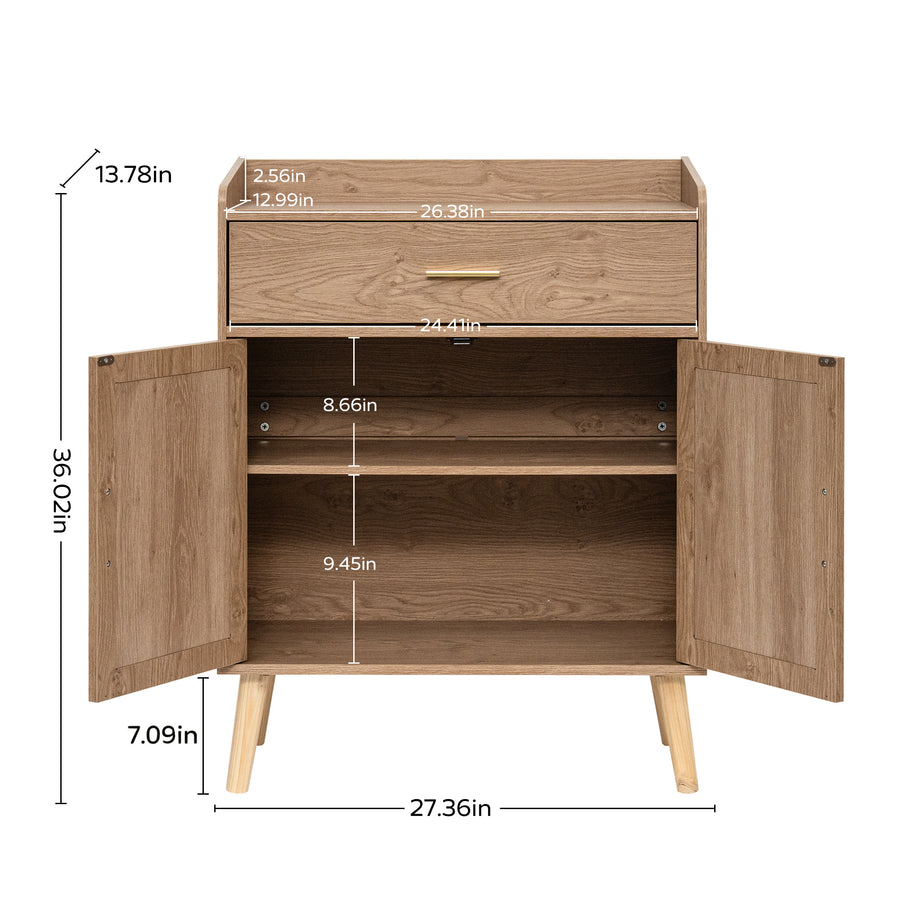 natural  Wooden cabinet with a single drawer on top of two doors, shown open with dimension labels for height, width, and shelf spacing on a background.