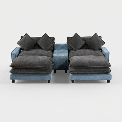 Grey + Light Blue Sectional Sofa with Ottoman